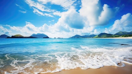 Beautiful scenery mountains sea beach blue sky white clouds seascape wallpaper background