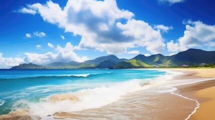 Fototapeta na wymiar Beautiful scenery mountains sea beach blue sky white clouds seascape wallpaper background