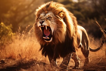 A fierce lion roaring in the savanna, View of 3d lion with nature background, Ai generated