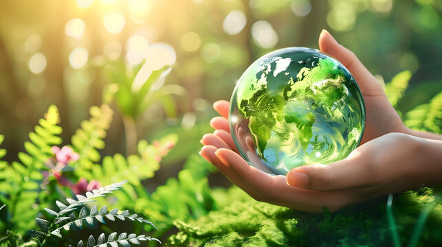 Earth day concept with human hand is delicately holding crystal globe creating a map on a mossy forest with the sun shining and green foliage