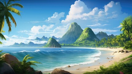 Beautiful scenery mountains sea beach blue sky white clouds seascape wallpaper background