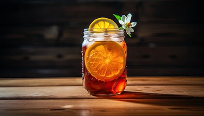 A mason jar filled with liquid and slices of lemons, capturing the refreshing essence of homemade...