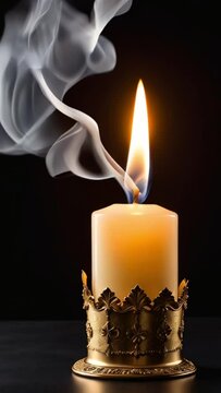 A single candle burning. Isolated candle burning with beautiful smoke on dark background.