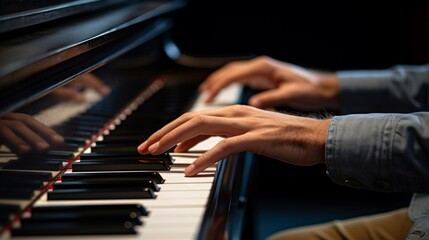 Obraz premium Pianist Hands on Piano Keys with Magical Lights. Generative ai