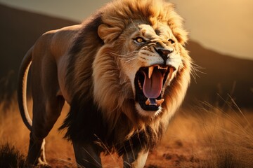Fototapeta premium A fierce lion roaring in the savanna. Portrait of a beautiful lion, Ai generated