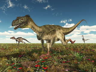 Dinosaurier Ornitholestes und Velociraptor in einer Landschaft - 751265487