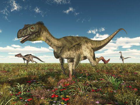 Dinosaurier Ornitholestes und Velociraptor in einer Landschaft