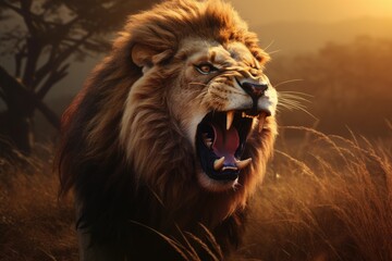 A fierce lion roaring in the savanna. Portrait of a beautiful lion, Ai generated