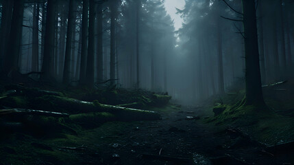 Mysterious dark forest with fog and footpath in the foreground - obrazy, fototapety, plakaty
