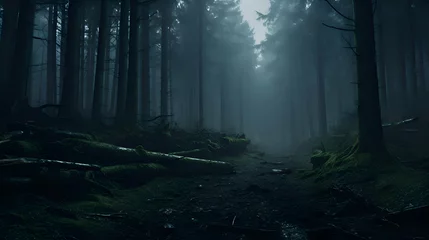 Foto auf Alu-Dibond Straße im Wald Mysterious dark forest with fog and footpath in the foreground