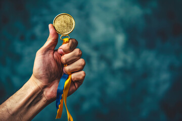 Triumphant Hand Raising Gold Medal Against Textured Blue Background Banner