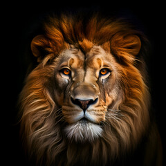 Portrait of a lion on a black background. Animal portrait.