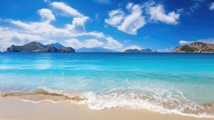 Fototapeta na wymiar Beautiful scenery mountains sea beach blue sky white clouds seascape wallpaper background
