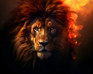Portrait of a lion on a dark background with fire and smoke