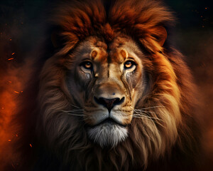 Portrait of a male lion with fire in the background.