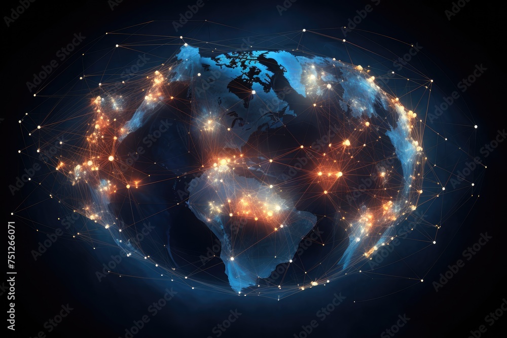 Poster a map of the world with lines connecting major cities, illustrated as a map of the world, global net