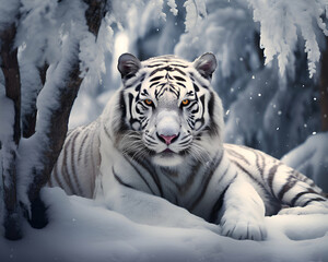 Obraz premium White tiger in winter forest. Tinted. Filtered image.