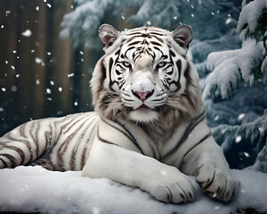White tiger in the winter forest with snowfall. Close-up.