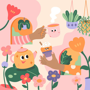 Friends drinking tea together. Concepts of party and cozy