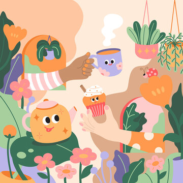 Hands holding cute cups or mugs with tea and tea bags