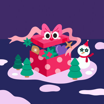 a big dissected pink giftbox with some party hats and xmas