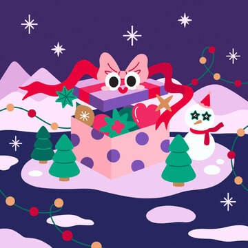 Vector illustration of a Christmas winter landscape postcard.