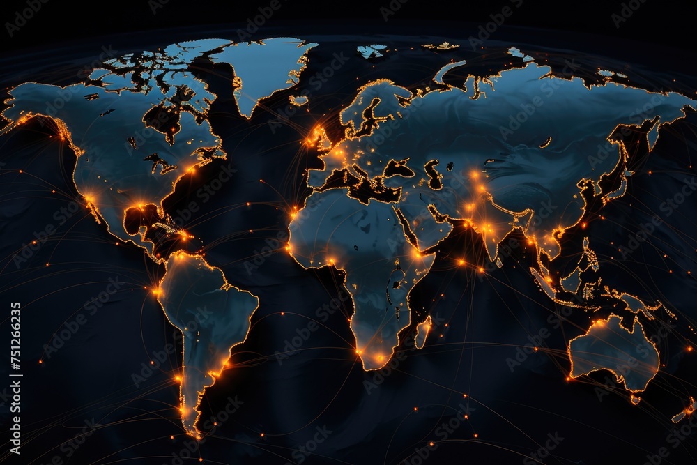 Poster a map of the world with lines connecting major cities, illustrated as a map of the world, global net
