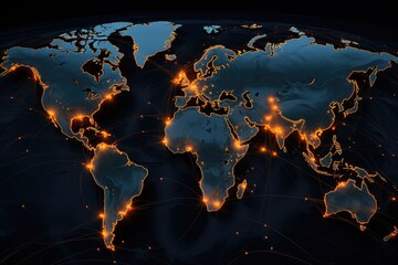 A map of the world with lines connecting major cities, illustrated as a map of the world, global networking and communication concept , Ai generated