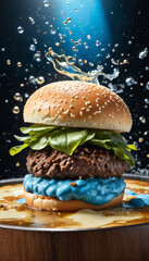 Dynamic Gourmet Burger with Splashing Sauce Against Dark Background