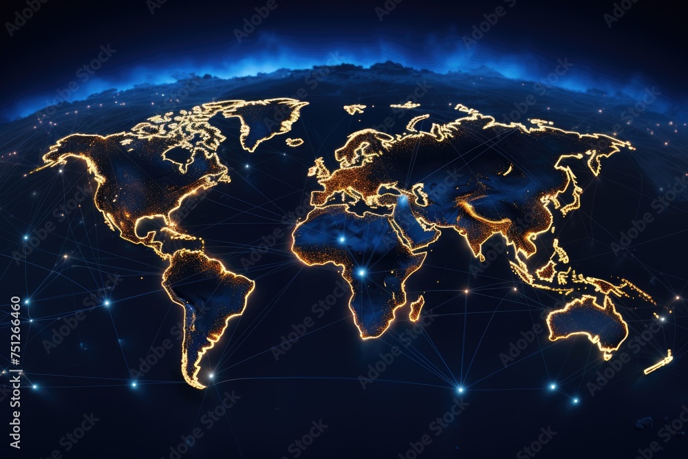 Poster a map of the world with lines connecting major cities, illustrated as a map of the world, global net