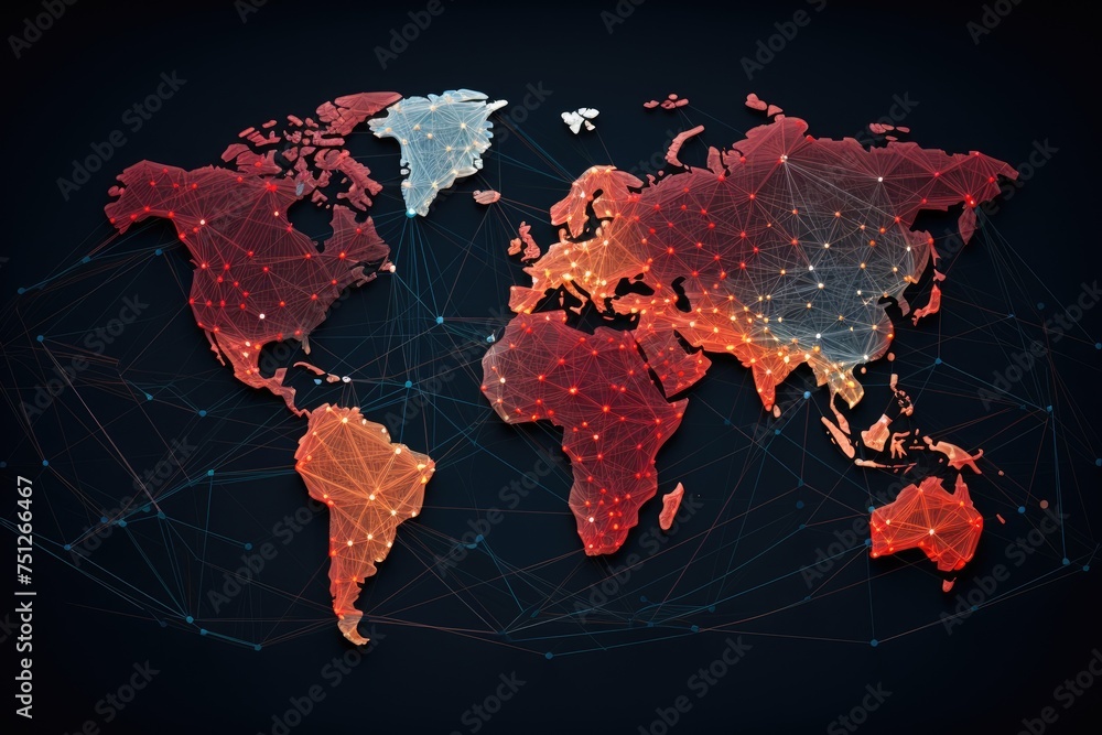 Poster a map of the world with lines connecting major cities, illustrated as a map of the world, global net