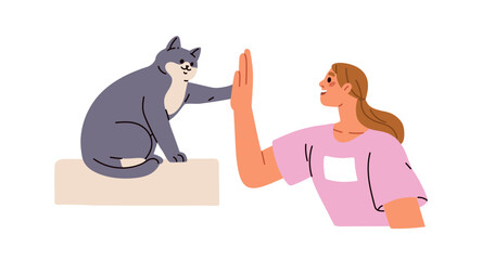 Human giving high five to cute cat. Smart feline animal greeting owner, clapping paw on hand, hi gesture. Pet communication concept. Flat graphic vector illustration isolated on white background