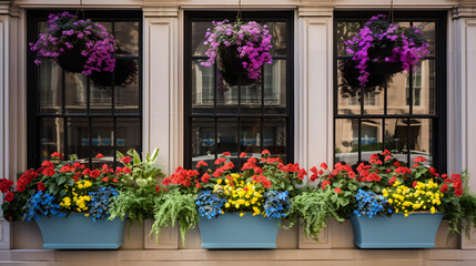 Fototapeta na wymiar Flower filled window boxes. Closeup of colorful blooming flowers in window planters boxes adorning city building. 
