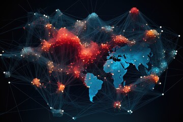 Fototapeta na wymiar Interconnection of global networks illustrated as a map of the world, Digital world map hologram blue background, Ai generated