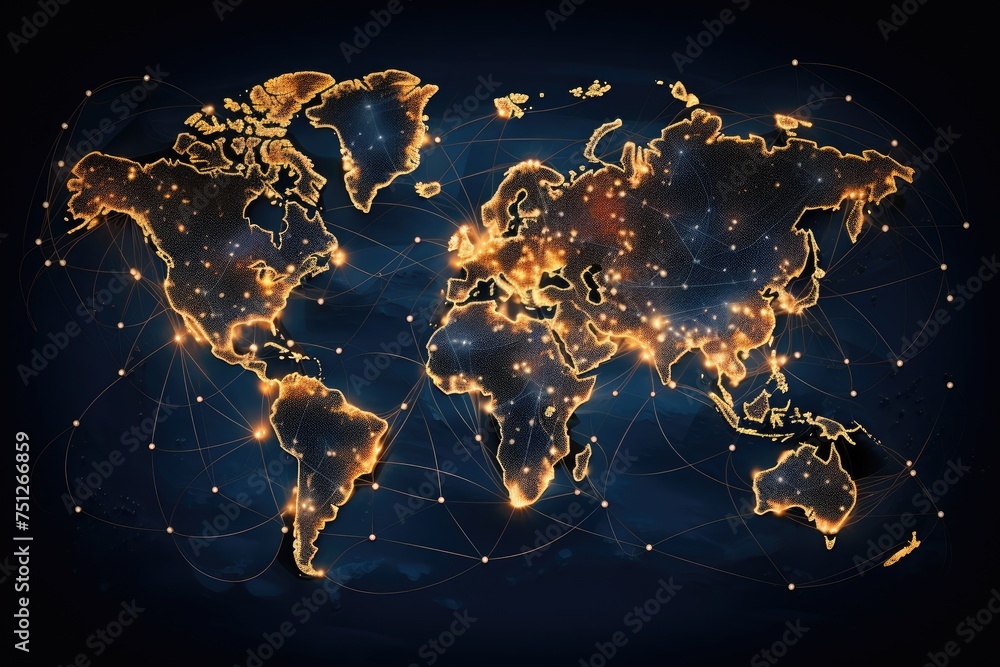 Poster interconnection of global networks illustrated as a map of the world, map with global technology net
