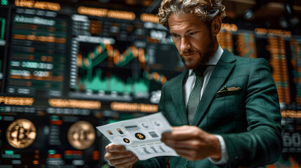 Experienced broker and investment professional analyzing market trend in digital finance world. Senior businessman in green suit strategizing for success in cryptocurrency and bitcoin on stock trading - obrazy, fototapety, plakaty