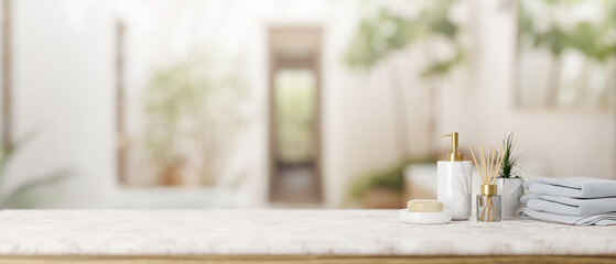 A presentation space on a white marble tabletop features toiletries in a luxurious bathroom.