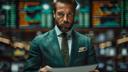Fototapeta premium Experienced broker and investment professional analyzing market trend in digital finance world. Senior businessman in green suit strategizing for success in cryptocurrency and bitcoin on stock trading