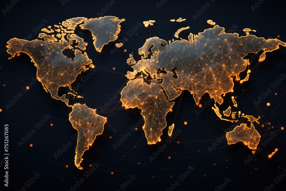 Poster interconnection of global networks illustrated as a map of the world, map with global technology net
