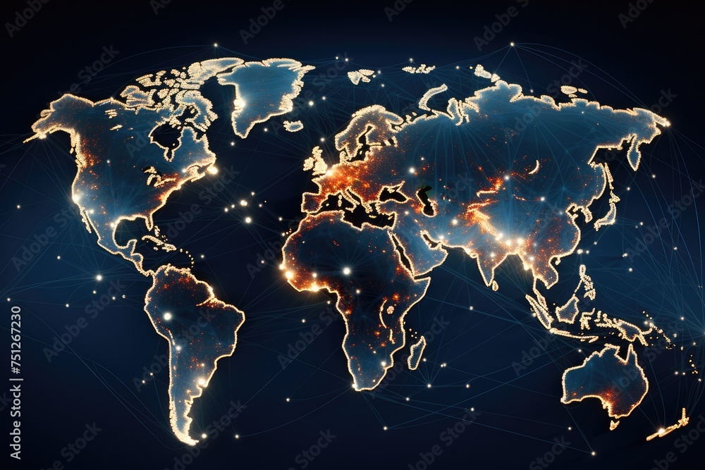 Poster interconnection of global networks illustrated as a map of the world, map with global technology net