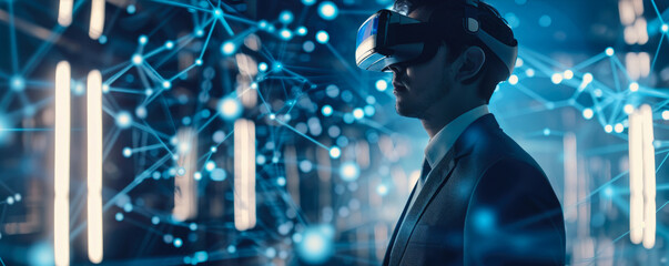 businessman in virtual reality glasses in cyberspace explores the meta universe