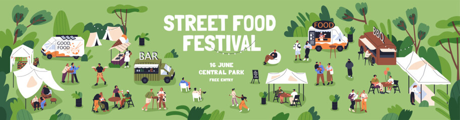 Naklejka premium Street food festival, web banner design. Open-air summer fest, long promotion background. Modern outdoor holiday, weekend event with trucks, tiny people in nature, park. Flat vector illustration