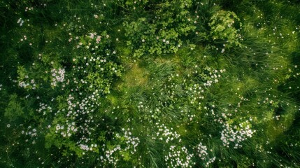 Fototapeta na wymiar Field with grass and flowers, top view.