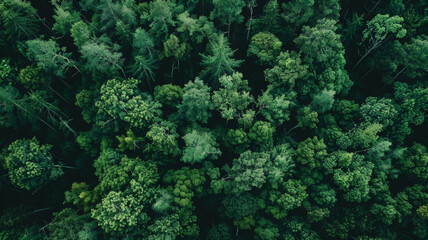 Fototapeta na wymiar Aerial view of a dense, lush forest canopy from above, teeming with life.