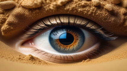 A woman's eye immersed in quicksand Concept of dry eye pain in the eyes - obrazy, fototapety, plakaty