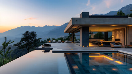 Medium shot photography, Summer Scenery at a sleek contemporary residence with pool, with panoramic mountain views as the background, during a clear sky