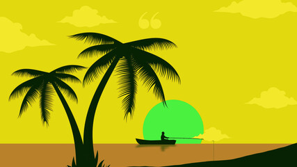 Fototapeta na wymiar Orange Illustrated Sunset ,tree boat on yellow background design 