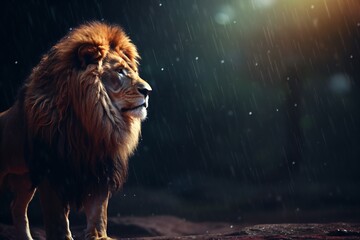 a lion standing in the rain
