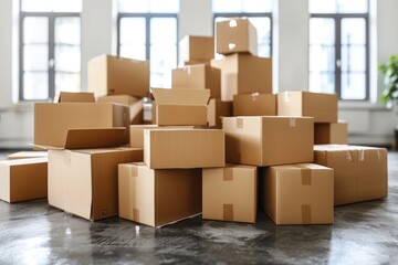 a bunch of moving boxes in a house of all different types and sizes professional photography