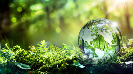 Obraz na płótnie Canvas Earth day concept with crystal globe creating a map on a mossy forest with the sun shining and green foliage